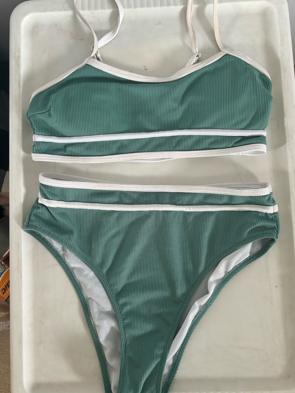 SHEIN Green Ribbed Two-Piece Bikini with White Trim